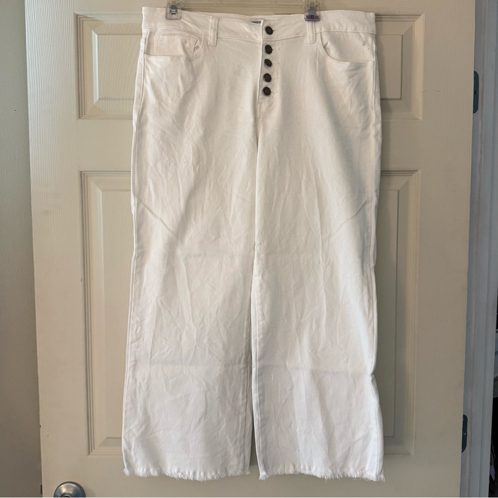 AnnieWear White Button Front Wide Leg Denim Jeans XL Raw Hem